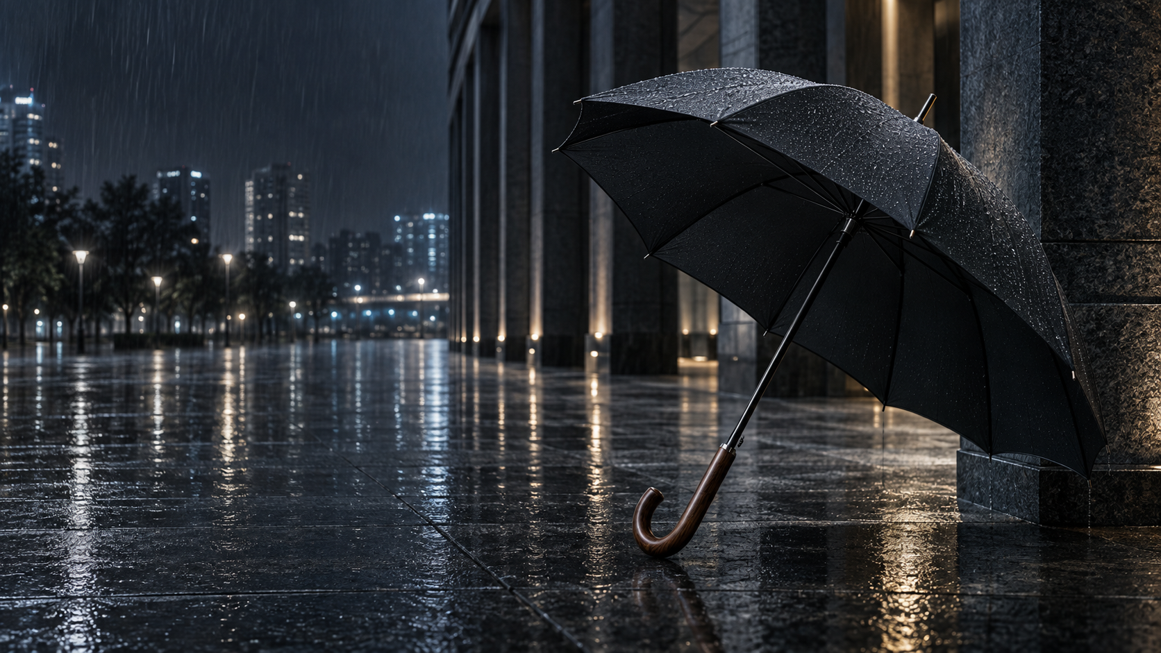 Rain Sight black umbrella in a rain-lit modern city